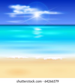 azure ocean, blue sky with white fluffy clouds, white sand deserted tropical beach - vector illustration for a tourist theme