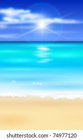 Azurblauer Ozean, blauer Himmel mit weißen, flauschigen Wolken, tropischer Strand mit weißem Sand - Vektorillustration für Touristenthema