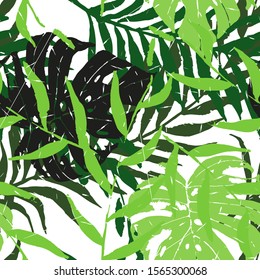 Azure Palm Leaf Vector Seamless Pattern. Azure Nature Jungle Backdrop Island Style. Mud Leaf Floral Backdrop. Marine Monstera Leaf Background