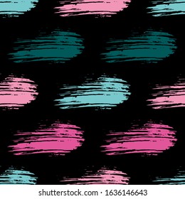 Azure and pink brush strokes on dark background. Modern seamless pattern. Grunge, sketch, watercolor, graffiti, paint. Vector illustration.