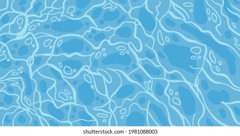 Azure Shining Water Surface panoramic background. Vector flat hand drawn Sea Ripple. Abstract Blue Waves summer backdrop.