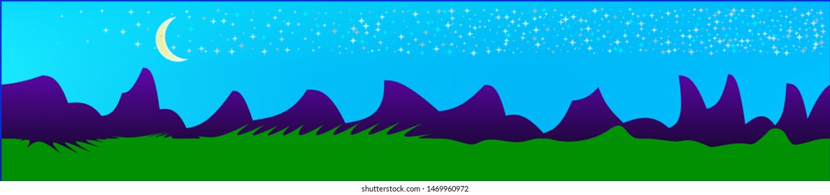 Azure sky, and mountains landscape. Abstract, horizontal texture background picture. Colorful skinali background abstraction. Cool glass print fantasy. Horizon, chilly. Old game style.