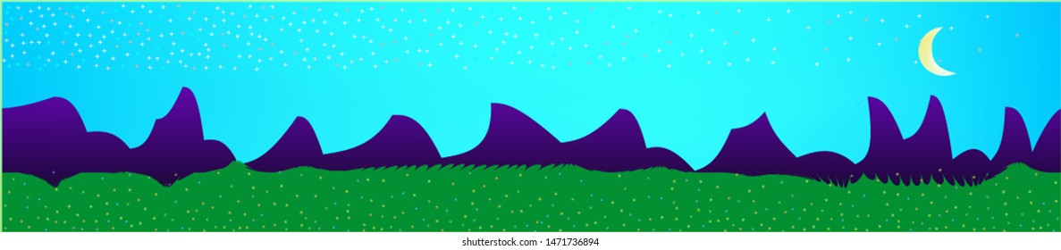 Azure sky, and mountains landscape. Abstract, horizontal texture background picture. Colorful skinali background abstraction. New glass print fantasy. Horizon, smoot. Old game style.