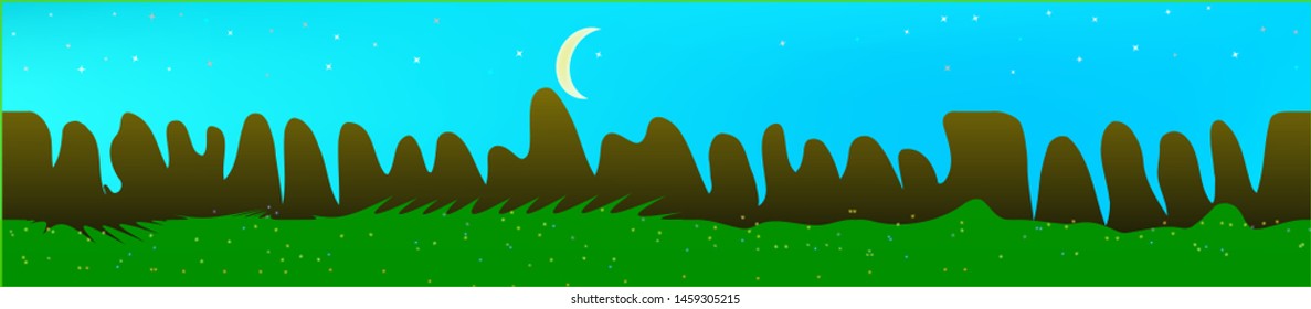 Azure sky, and mountains landscape. Fairy tale panoramic landscape. Landscape fable. Pure glass print fantasy. Horizon, mesh. Old game style.