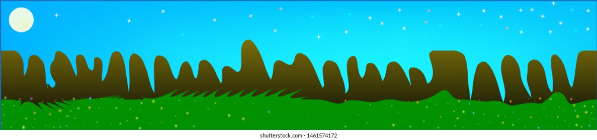 Azure sky, and mountains landscape. Fairy tale panoramic landscape. Landscape fable. New glass print fantasy. Horizon, chilly. Old game style.