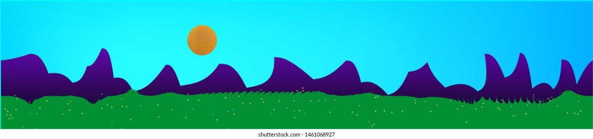 Azure sky, and mountains landscape. Game style panaramic pattern. Concept skinali mesh pattern. Pure glass print fantasy. Horizon, unused. Old game style.