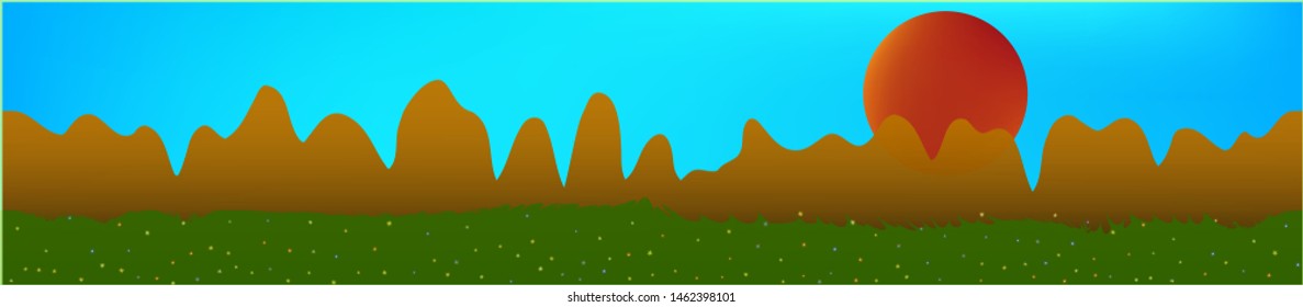 Azure sky, and mountains landscape. Game style panaramic pattern. Concept skinali mesh pattern. Clear glass print fantasy. Horizon, graphic. Old game style.