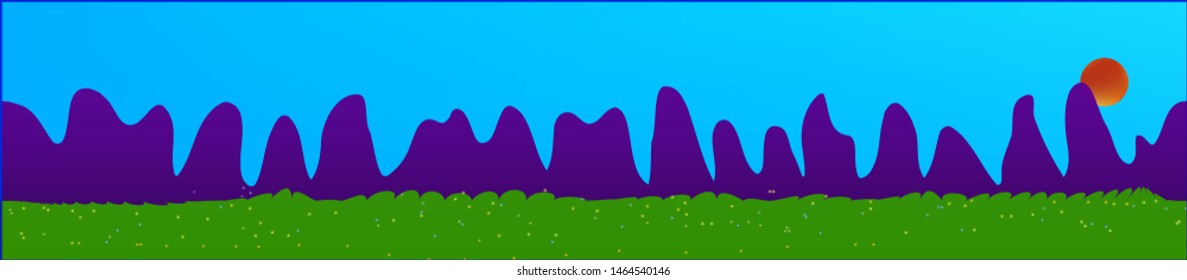 Azure sky, and mountains landscape. Panoramic horizontal design. Trendy panoramic design. Cool glass print fantasy. Horizon, chilly. Old game style.