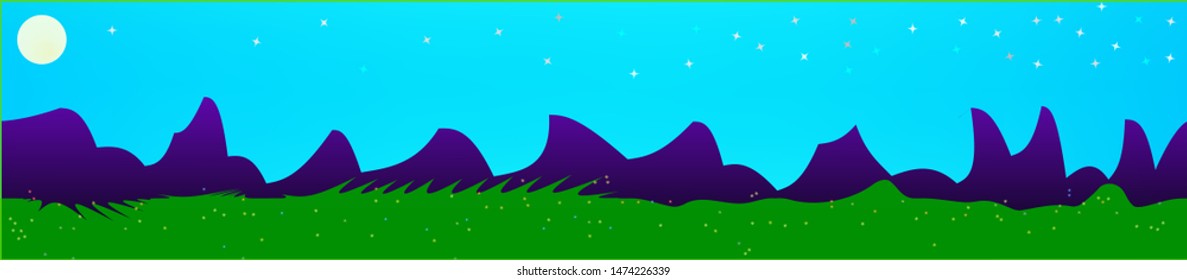 Azure sky, and mountains landscape. Panoramic horizontal design. Trendy panoramic design. Crisp glass print fantasy. Horizon, smoot. Old game style.