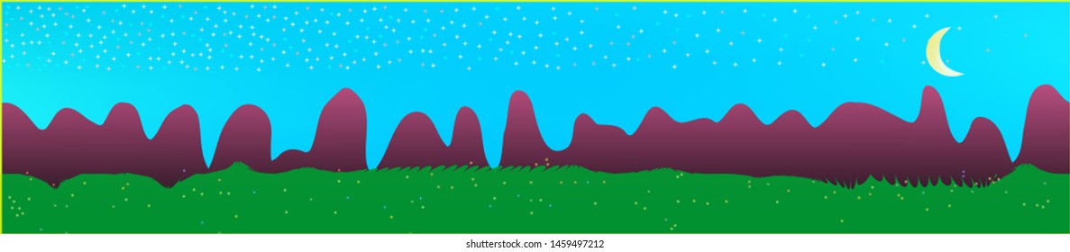 Azure sky, and mountains landscape. Plain horizontal background illustration. Trendy fairy tale plain design. Recent glass print fantasy. Horizon, modern. Old game style.