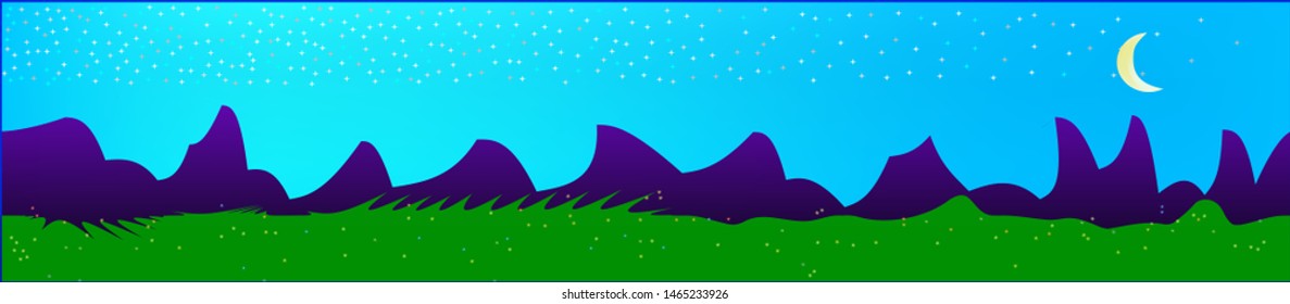 Azure sky, and mountains landscape. Plain horizontal background illustration. Trendy fairy tale plain design. Pristine glass print fantasy. Horizon, bright. Old game style.