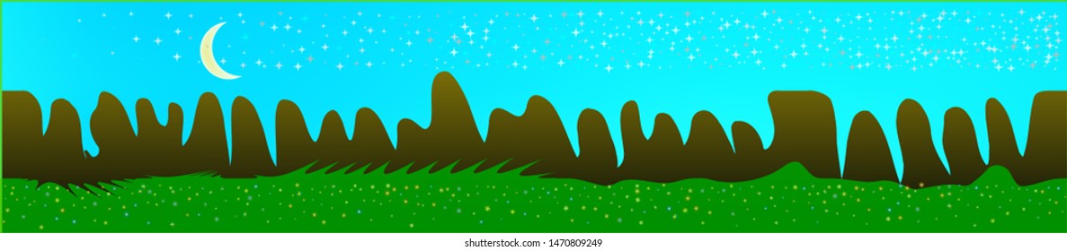 Azure sky, and mountains landscape. Plain horizontal background illustration. Trendy fairy tale plain design. Crisp glass print fantasy. Horizon, bright. Old game style.
