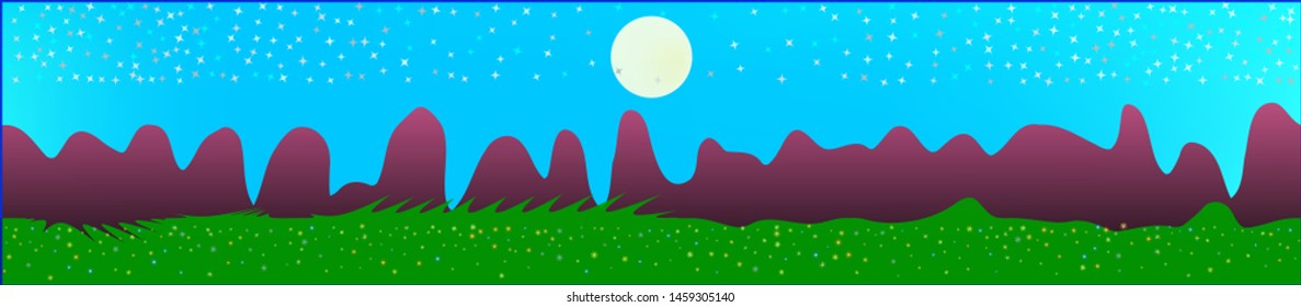 Azure sky, and mountains landscape. Texture background illustration design. Colorful new glass print design. Net glass print fantasy. Horizon, chilly. Old game style.
