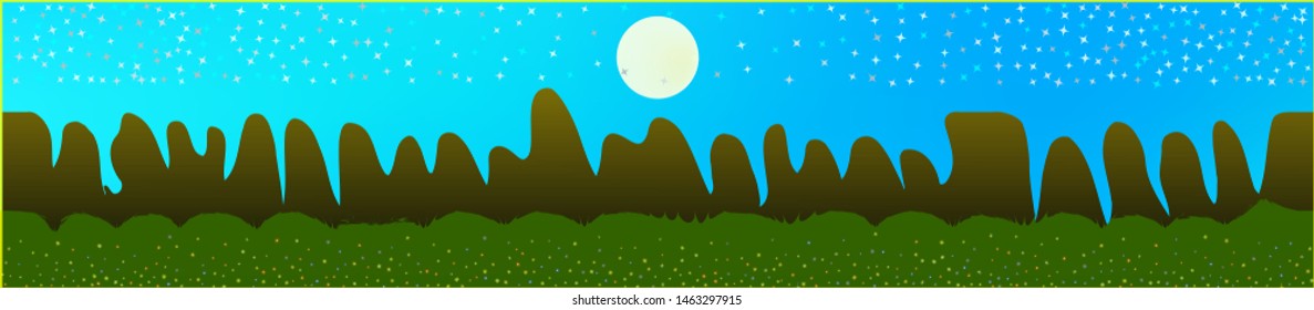 Azure sky, and mountains landscape. Texture background illustration design. Colorful new glass print design. Breezy glass print fantasy. Horizon, bright. Old game style.