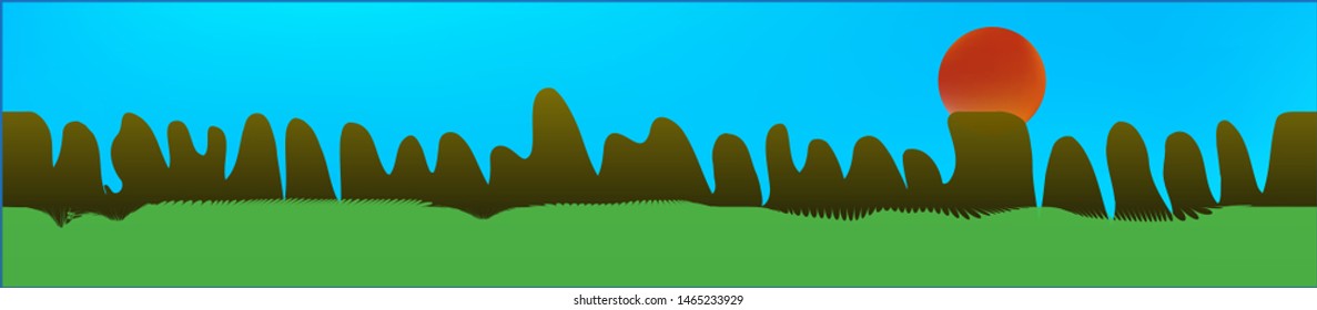 Azure sky, and mountains landscape. Texture background illustration design. Colorful new glass print design. Recent glass print fantasy. Horizon, light. Old game style.
