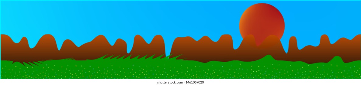 Azure sky, and mountains landscape. Wide horizontal background. Trendy modern skinali design. Pristine glass print fantasy. Horizon, bright. Old game style.