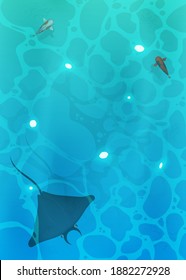 Azure water of the ocean. Turquoise surface of water in the ocean with fishes. Manta ray, oriental carp. Background for a summer poster, foyer or postcard. Vector.