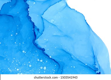 Azure watercolor splashes vector texture. Hand drawn sapphire colored blots background. Splattered aquarelle abstract blue navy backdrop. Flowing alcohol ink drops, splatters and spots effect.