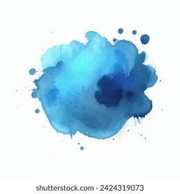 Ilustración vectorial de lavado de acuarela azul. Una vibrante salpicadura de acuarela azul sobre lienzo blanco. Los tonos cerúleos profundos sangran hacia el exterior, su intensidad se suaviza gradualmente y adquiere formas suaves, parecidas a las nubes