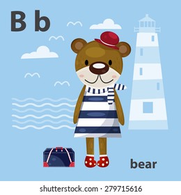 B abc alphabet with little bear cartoon illustration, vector
