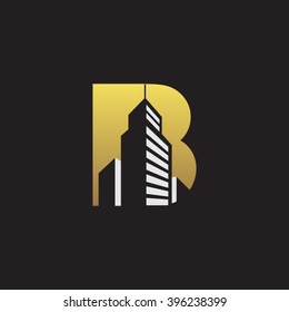 B alfabeto construindo espaço negativo letra logotipo ouro fundo preto