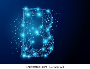 B alphabet Low poly science wireframe on dark background. Vector polygon image blue triangle glowing research future technology business form a star space, Lines, points and digital technology Concept