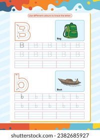 Hoja de trabajo de práctica de seguimiento del alfabeto B. Página de libro de coloración educativa con ilustración de vector de esquema para preescolar
