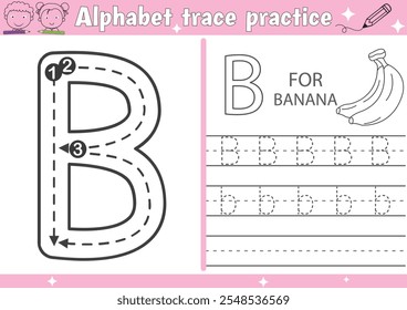 Planilha de prática de traçado do alfabeto B e página do livro de colorir banana com vetor de contorno para crianças pré-escolares