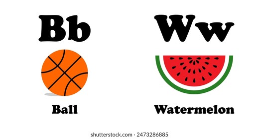 B b Ball W w Watermelon Letter Alphabet Flashcard Card Continuous Pattern Transparent Background Vector EPS PNG Clip Art