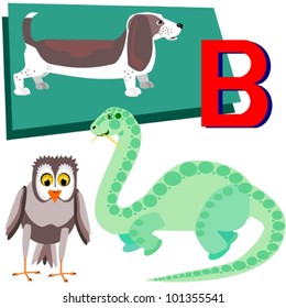 B Basset, barn owl, brontosaurs.  Illustration of animals that start with the letter B.  Basset hound, barn owl and a brontosaurs.