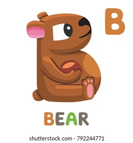 B is for Bear. Letter B. Bear, funny cute illustration. Animal alphabet