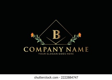 B Beauty vector initial logo, Golden floral letters with flowers leaves and gold splatters isolated on white background. Vector illustration for wedding, greeting cards, invitations template design