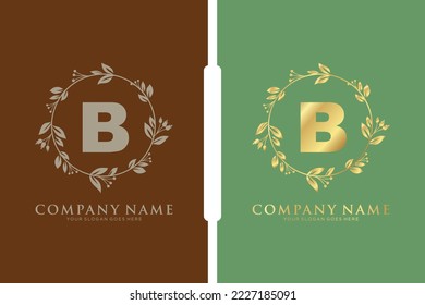 B Beauty vector initial logo, Golden floral letters with flowers leaves and gold splatters isolated on white background. Vector illustration for wedding, greeting cards, invitations template design
