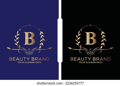 B Schönheitsvektorlogo, goldene Blumenbriefe mit Blumenblättern und Goldplattierungen einzeln auf weißem Hintergrund. Vektorgrafik für Hochzeiten, Grußkarten, Einladungen, Vorlagendesign