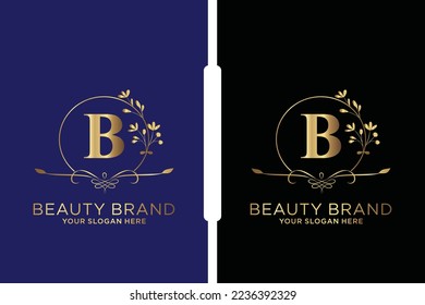 B Beauty vector initial logo, Golden floral letters with flowers leaves and gold splatters isolated on white background. Vector illustration for wedding, greeting cards, invitations template design