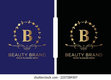 B Logo inicial del vector de belleza, letras doradas florales con hojas de flores y manchas doradas aisladas en fondo blanco. Ilustración vectorial para boda, tarjetas de felicitación, diseño de plantillas de invitaciones