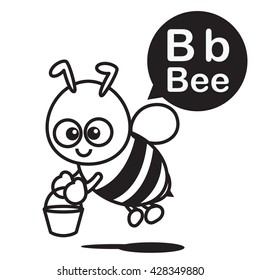 B Bee cartoon and alphabet for children to learning and coloring page vector illustration eps10