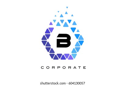 B Blue Hexagon Letter Logo Design with Blue Mosaic Triangles Pattern.