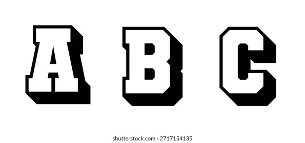 A B C
Logo de gráfico completo 3D Letra mayúscula Estilo Fuente Bold Sports Equipo Competencia Universidad Varsity Cool Drop Shadow Typography
