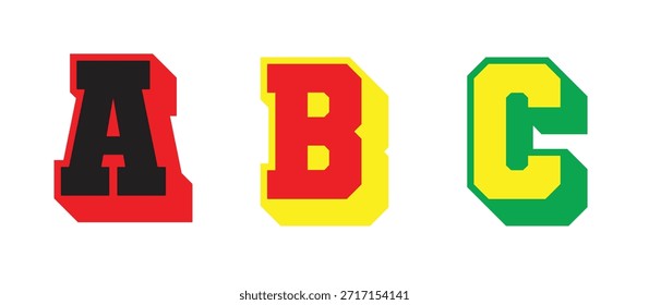 A B C
Logo de gráfico completo 3D Letra mayúscula Estilo Fuente Bold Sports Equipo Competencia Universidad Varsity Cool Drop Shadow Typography
