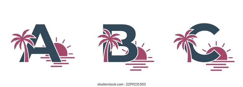 a b c capital letters with palm tree, sea and sun. vacation alphabet logo design. summer and exotic tourism. isolated vector images