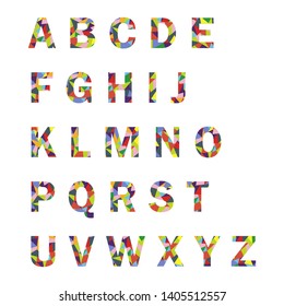 A B C D E F G H I J K L M N O P Q R S T U  V W X Y Z - English alphabet, capital letters. Geometric shading
