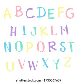 A B C D E F G H I J K L M N O P Q R S T U V W X Y Z vector hand drawing with pastel colors.