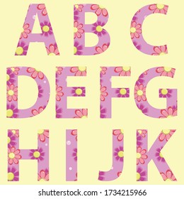 A B C D E F G H I J K alphabets applied with colorful simple flowers