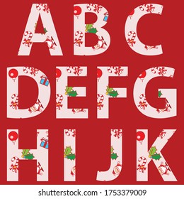 A B C D E F G H I J K alphabets applied with Christmas items and Santa Claus pattern background vector