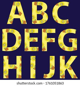 A B C D E F G H I J K alphabets applied with simple sunflower graphic pattern background vector
