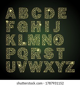 A B C D E F G H I J K L M N O P Q R S T U V W X Y Z - English alphabet, capital letters. pattern of gold  letters. Vector stock illustration eps10