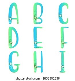 A Zeichen B C D E F G H I. Türkisblaues Farbverlauf-Alphabet mit Edelsteinen. Vektorbriefe mit Edelsteinen. Illustrationsalphabeten für Edelsteine und Schmuck. 