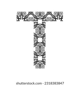 A B C D E F G H I J K L M N O P Q R T U V W X Y Z font set with aztec and oceania tattoo style. Doodle font letters collection with decorative, floral and etnic elements. 