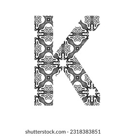 A B C D E F G H I J K L M N O P Q R T U V W X Y Z font set with aztec and oceania tattoo style. Doodle font letters collection with decorative, floral and etnic elements. 